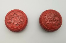 Two 1960's CHINESE FLOWER CARVED CINNABAR RED LACQUER TRINKET JAR BOX
