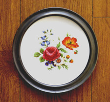 Ancienne assiette porcelaine Chauvigny Décor fleurs Tour en étain