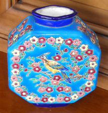 Ancien vase en émaux de Longwy forme gourde décor oiseaux fleurs de pommier