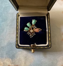 14K OR CORAIL DIAMANT, SAPHIR, TURQUOISE ,BELLE BAGUE ANCIENNE