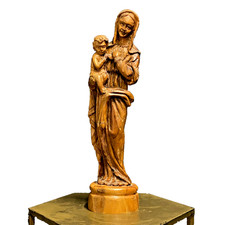 Sculpture Statue Vierge à l'Enfant - XXème - en Bois d'Olivier - H. 37 cm