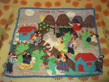 Ancienne TENTURE MURALE COSECHA DE TUNA en COTON 48x43cm Amérique du Sud Pérou ?