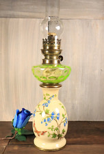 Antique Victorian French Table Oil Lamp Vaseline Uranium Glass Font Hand Painted