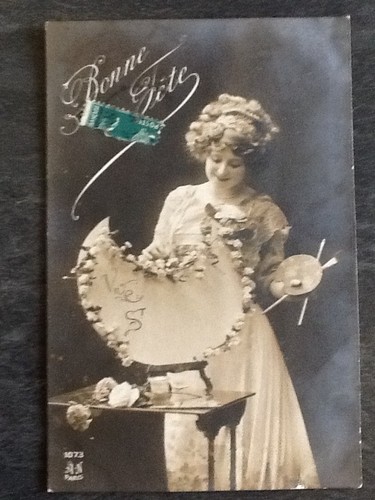 Bonne fete femme peintre - cp,