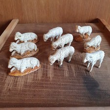 Lot  Ancien Crèche DEVINEAU 9 Moutons Pattes Bois H de 4,5 à 3,5 cm