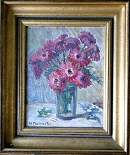 William Malherbe Fanco américain vase fleurs proche Monet h/panneau 24x19c cadre