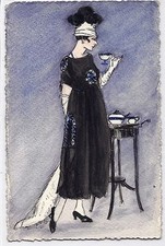 CPA peinte à la main. Femme en robe noire. Années 1925 ?? Hand painted postcard