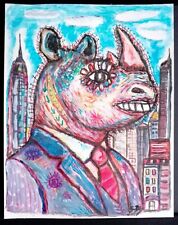 Tableau Peinture Rhinocéros Rhino sauvage  Cornes 21x28cm/feuille signé S.dez