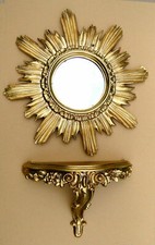 2 Pièces Set Miroir Mural + Console Murale Soleil en Or Baroque Antique Repr