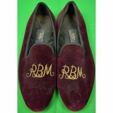 Sulka Claret Velvet English Slippers w/ RBM Gilt Monogram Sz: 12"L