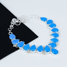 Calcédoine Bleue Pierre Précieuse Main 925 Collier en Argent Fin Bijoux For Gift