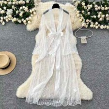 Déshabillé Nuisette Long Blanc en Dentelle Transparent avec Ceinture Satin 28907