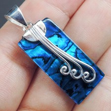 Pendentif coquille d'ormeau Paua rectangulaire en argent sterling 925 revêtu ...
