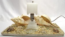 VINTAGE LARGE CONCH SEA SHELL ASHTRAY TABLE PARLOR TV LAMP LIGHT W/ GLASS SHADE