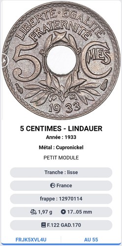Centimes 1933 lindauer au55 - 5,