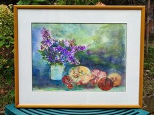 TABLEAU AQUARELLE NATURE MORTE BOUQUET FRUITS 41,5 X 52 CM SIGNÉE