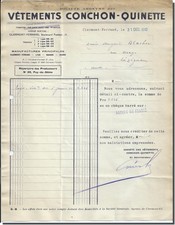 Facture - Vêtements CONCHON-QUINETTE Clermont-Ferrand 1940