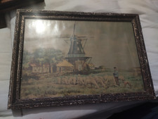 ancien tableau huile sur papier berger avec ces moutons dans un encadrement vieu