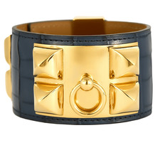 HERMES - Medor - Bracelet manchette en cuir et métal doré