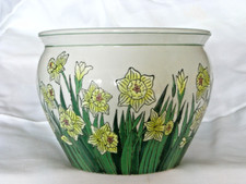 ANCIEN CACHE POT JARDINIÈRE CERAMIQUE EMAILLEE AUX JONQUILLES POTERIE VINTAGE