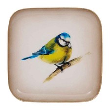 Plateau fer carré crème doré mésange bleue jaune 16x16cm