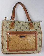 US Polo Assn Canvas & Faux Ostrich Leather Bag Purse Tote Zipper Closures
