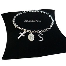 Personnalisé Argent Sterling Bracelet Avec Lettre Breloque & Croix,Christe,Rolo