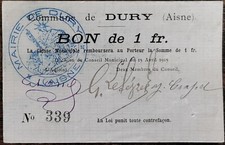 Bon de 1 franc Commune de DURY
