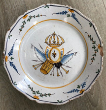 Ancienne Assiette Faïence XIXème Nevers Révolutionnaire Tambour Couronne Lys