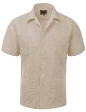 NWOT MEN'S CUBAN GUAYABERA BUTTON-DOWN SHORT SLEEVE SHIRT, SAND, S-L