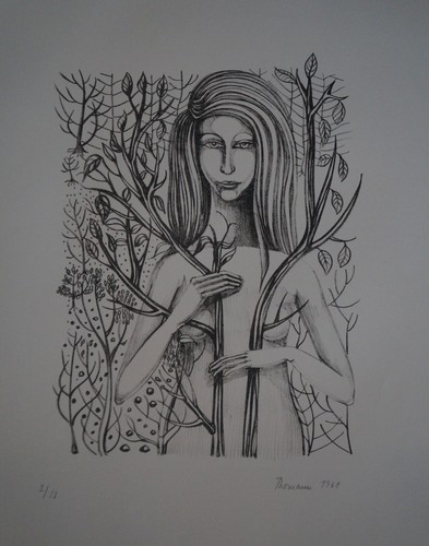 Lithographie femme aux - femme, plantes