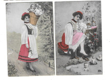 3 CPA carte postale ancienne bébés multiples dans un panier et leur nourrice