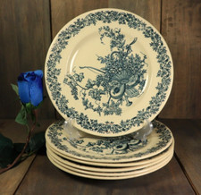 Set of 6 Antique French Transferware Plate Ironstone Longwy Louis XVI Blue 19thC