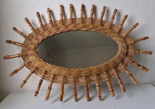 Miroir oval bambou rotin 1960 - miroir,
