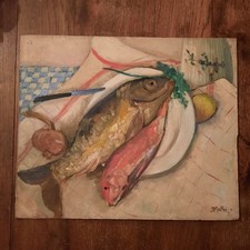 Tableau Nature Morte Poisson Huile Carton
