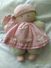 Poupée chiffon vintage Corolle/ tablier, fichu et pieds vichy rose/tissu fleuri 