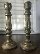 Vintage Pair Candlestick  Wood Clad With Thin Sheet of Shine Brass Very Detailed