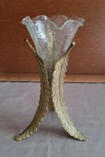 Ancien Vintage Bouquetière Centre de Table Support Laiton Vase Cristal  H. 26 cm