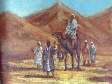 tableau peinture à l'huile SCENE ORIENTALE DROMADAIRE NOMADES DESERT CADRE XXEME