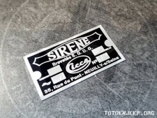PLAQUETTE SIRENE 2 FR M201 ALU . JEEP DODGE WILLYS US WW2