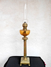 GRANDE LAMPE A PETROLE ANCIENNE AMBRE ONYX VERT ET BRONZE 85 CM Fin 19 ème