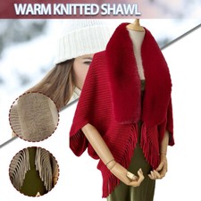 Femmes Luxe Col En Fausse Fourrure Châle Gland Tricoté Wrap Shug Manteaux /
