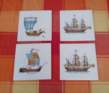 4 Carreaux De Carrelage Faïence Desvres - Bateaux ( English Ship 1300...) 15x15