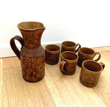 Service en terre cuite marron vintage avec Pichet et 5 tasses années 70 décor 