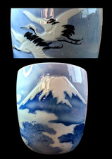 Ancien mont Hibachi japonais Fuji & Cranes / Aquarium bleu et blanc décoratif