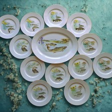 Vintage Limoges Fish Plates Set (12) + Fish Platter – Elegant French Dining