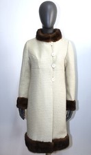 Vintage 50s Ivory Wool Mink Fur Collar Long Tailored Coat Size S Made in France