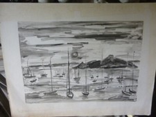Dessin signé Jean Micas -49.3 x 64.3 Tregastrel Bretagne - Paysage Marin Bateaux