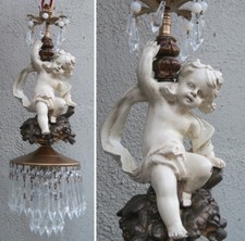 Spelter Brass Cherub ceiling lamp crystal Opaline Beaded Shabby Paris appartment