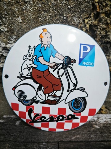 Plaque émaillée tintin vespa - émaillée,